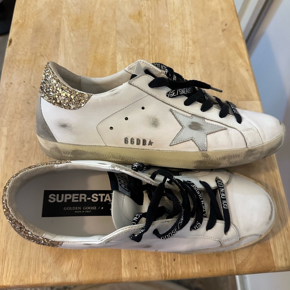 Golden Goose Women's White and Glitter Gold Sneakers